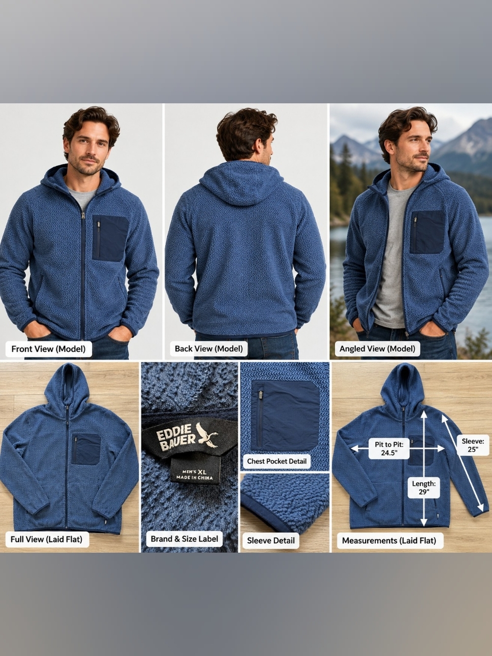 Eddie Bauer Men’s XL Blue Hooded Full Zip Fleece Jacket